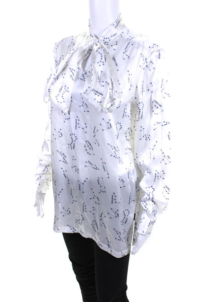 Kal Rieman Womens Satin Zodiac Print Tie Neck Button Up Top Blouse White Size 6