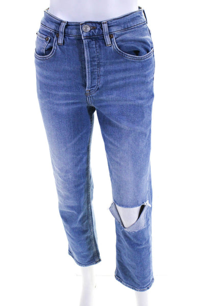 Redone Womens High Waist Button Fly Ripped Straight Leg Jeans Blue Size 25