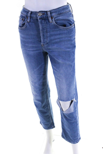 Redone Womens High Waist Button Fly Ripped Straight Leg Jeans Blue Size 25