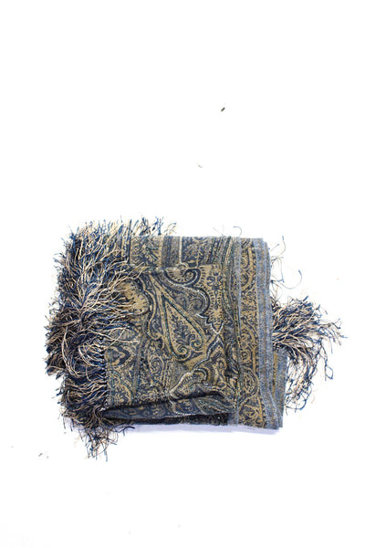Designer Womens Beaded Fringe Knit Paisley Scarf Brown Navy Blue Wool