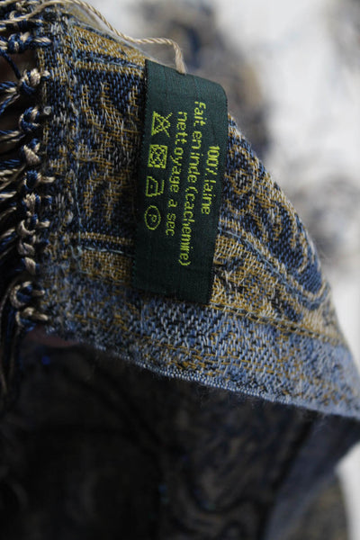 Designer Womens Beaded Fringe Knit Paisley Scarf Brown Navy Blue Wool