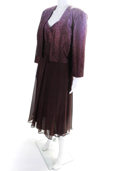 Patra Women Textured Satin Chiffon V Neck A Line Dress Jacket Set Purple Size 12