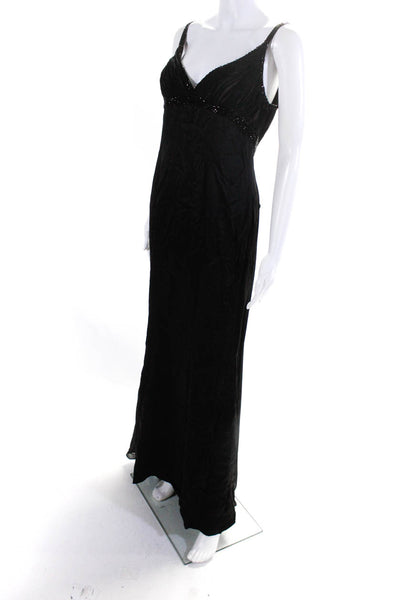 Carmen Marc Valvo Women Beaded Satin Chiffon V Neck Sleeveless Gown Black Size 8