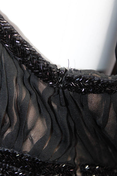 Carmen Marc Valvo Women Beaded Satin Chiffon V Neck Sleeveless Gown Black Size 8