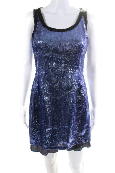 Hanii Y Womens Satin Trim Scoop Neck Sequin Mini Sheath Dress Blue Size IT 42