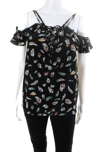The Kooples Womens Silk Floral Cold Shoulder Sleeve Blouse Top Black Size XS