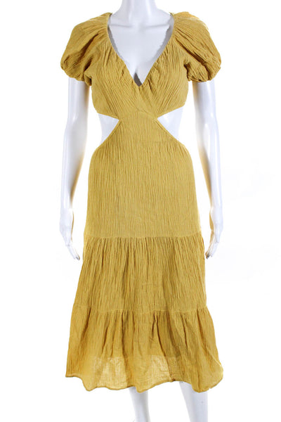ASTR Womens Cotton Gauze V-Neck Puff Sleeve Cut Away A-Line Dress Mustard Size S