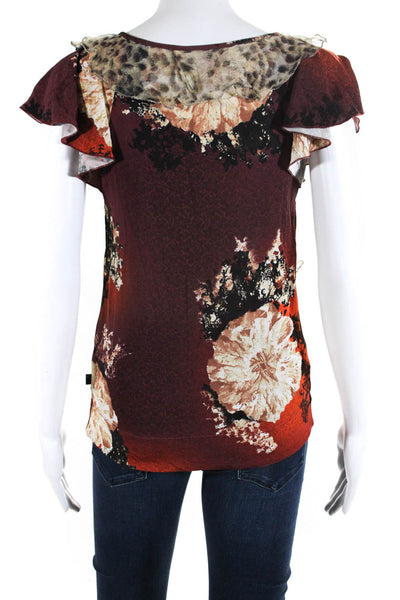 Just Cavalli Womens Jersey Floral Ruffled Flutter Sleeve Blouse Top Red Size S
