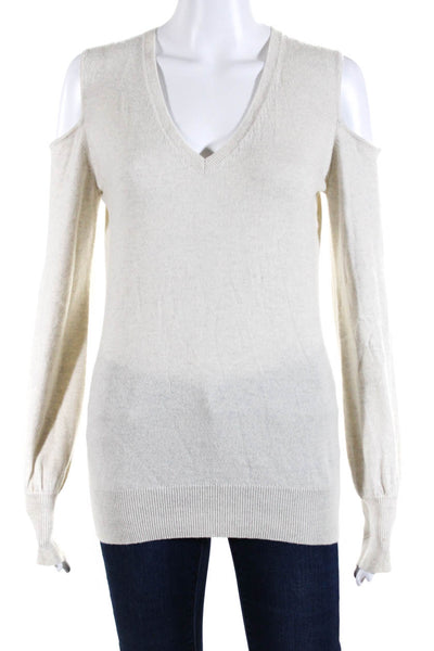Autumn Cashmere Womens Cashmere V-Neck Cold Shoulder Sweater Beige Size M