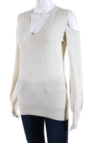 Autumn Cashmere Womens Cashmere V-Neck Cold Shoulder Sweater Beige Size M