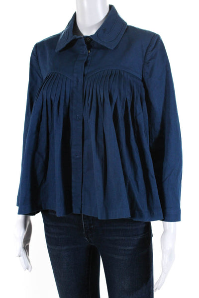 O'lautrechose Womens Cotton Pleated Long Sleeve Button Down Shirt Blue Size 44