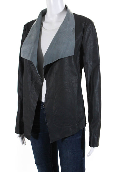 DKNYC Womens Leather Suede Lined Draped Front Open Blazer Jacket Gray Size S