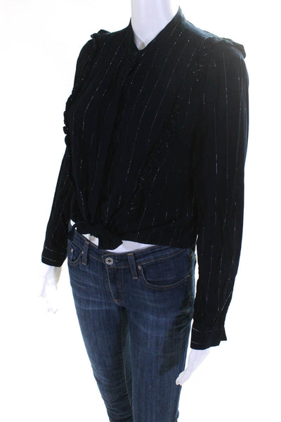 Little Rails Womens Metallic Pinstripe Button Up Ruffle Top Blouse Navy Small