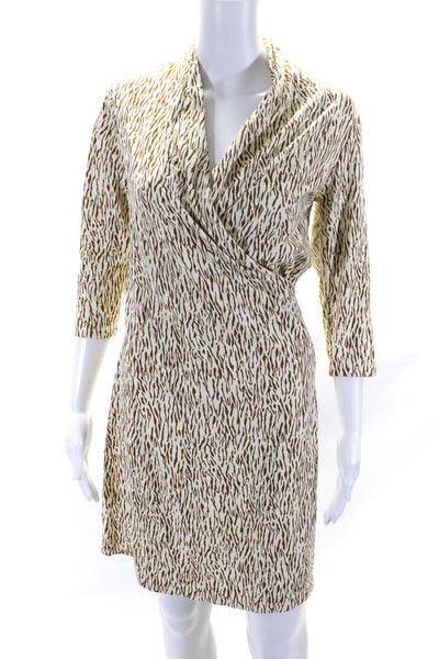 J. Mclaughlin Womens 3/4 Sleeve Collared V Neck Printed Dress White Brown XS