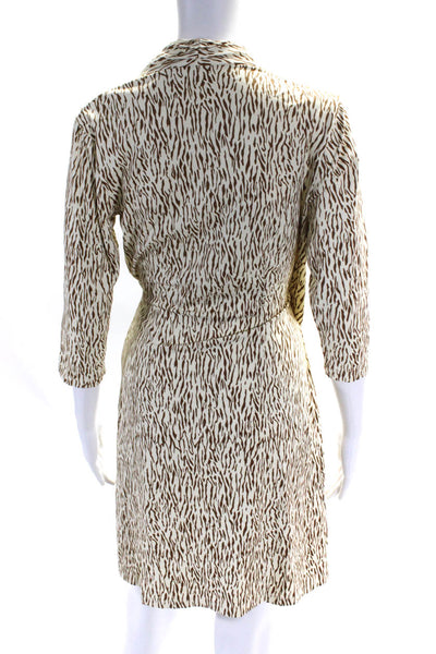 J. Mclaughlin Womens 3/4 Sleeve Collared V Neck Printed Dress White Brown XS