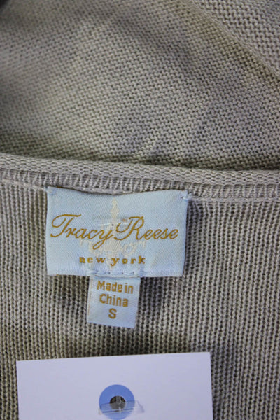 Tracy Reese Womens Single Button Ruffled Crew Neck Cardigan Sweater Beige Small