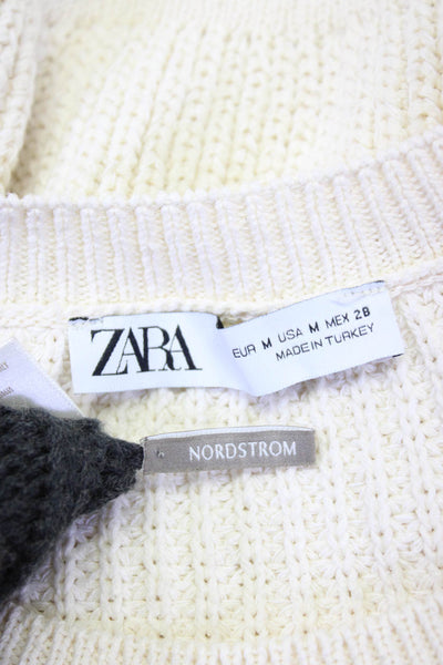 Zara Nordstrom Womens Scoop Neck Sweater Fringe Scarf White Gray Medium Lot 2