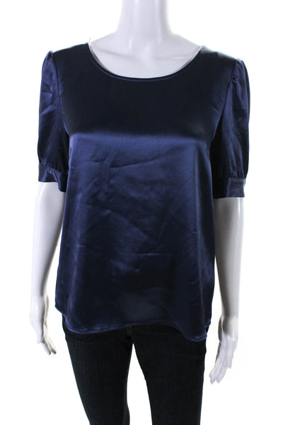 Drew Womens Satin Round Neck Short Sleeve Pullover Blouse Top Blue Size M