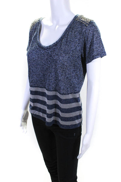 Karen Millen Womens Studded Knit Stripe Short Sleeve Top Blouse Blue Size 8