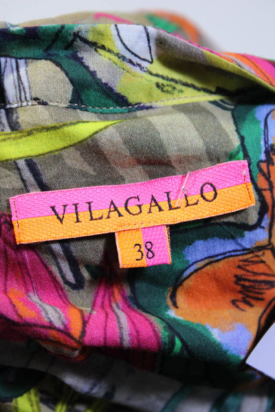 Vilagallo Women Monstera Leaf Print Button Up Top Blouse Green Brown Yellow EU38