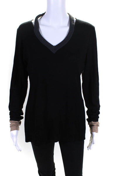 Bailey 44 Womens Open Back V Neck Color Block Sweater Black Brown Size Large