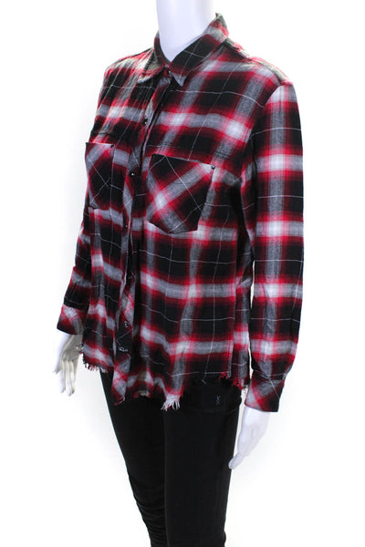 Rails Womens Raw Hem Flannel Plaid Snap Shirt Blouse Black Red Size Extra Small