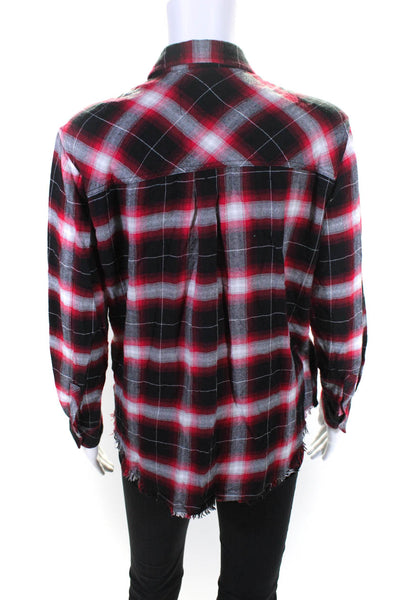 Rails Womens Raw Hem Flannel Plaid Snap Shirt Blouse Black Red Size Extra Small