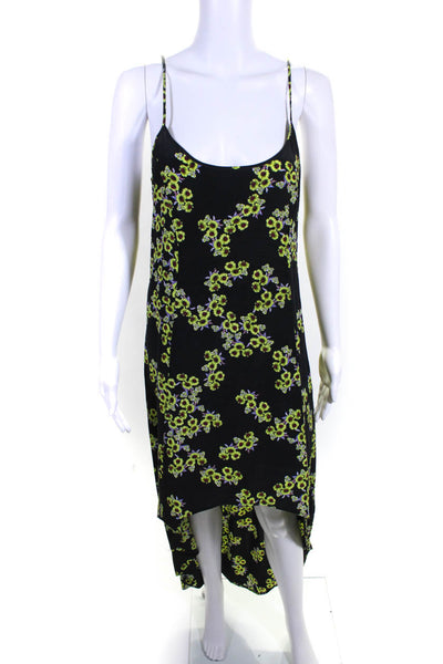 PJK Womens Scoop Neck Floral Midi High Low Dress Black Yellow Size Medium