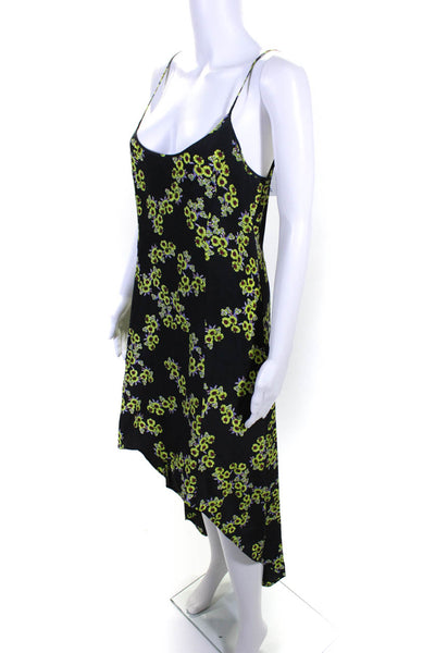 PJK Womens Scoop Neck Floral Midi High Low Dress Black Yellow Size Medium