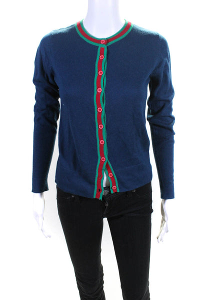 Central Park West Womens Striped Button Up Cardigan Sweater Blue Green Red XS