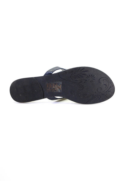Pierre Dumas Women's Leather Thong Strap Gold Tone Emblem Sandals Blue Size 9