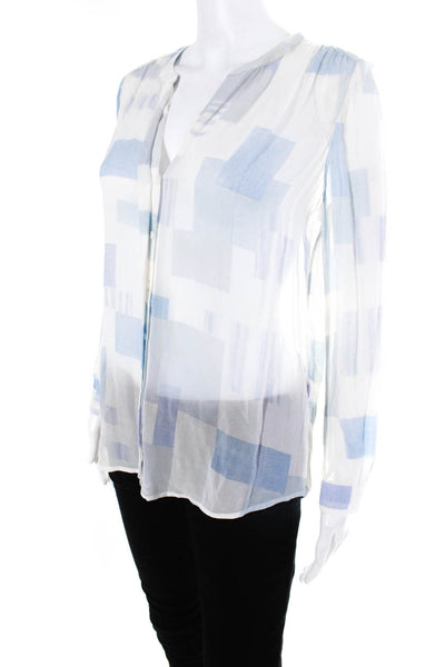 Joie Womens Silk Chiffon Geometric Print Button Down Blouse White Blue Size XS