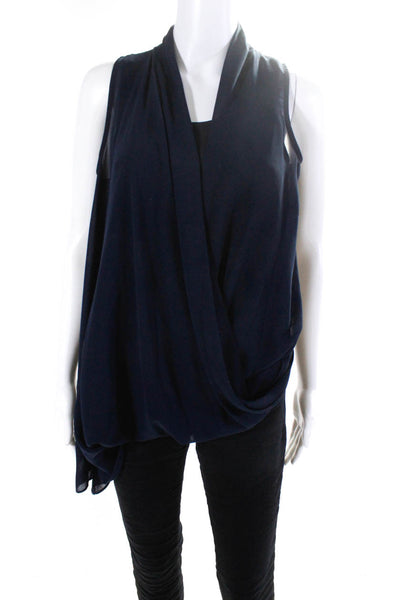 MM Couture Womens Draped Chiffon Sleeveless Scoop Neck Top Blouse Navy Small