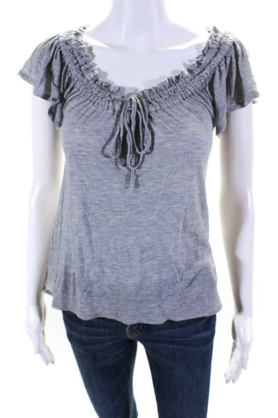 Joie Womens Ruffled Tied V-Neck Short Sleeve Pullover Blouse Top Gray Size XS