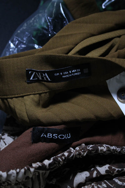 Zara Absolu Womens Pleated Button Waist Tie Midi Skirt Brown Size S Lot 2