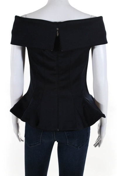 Forvani Womens Back Zipped Sleeveless Folded Collar Blouse Top Navy Size S