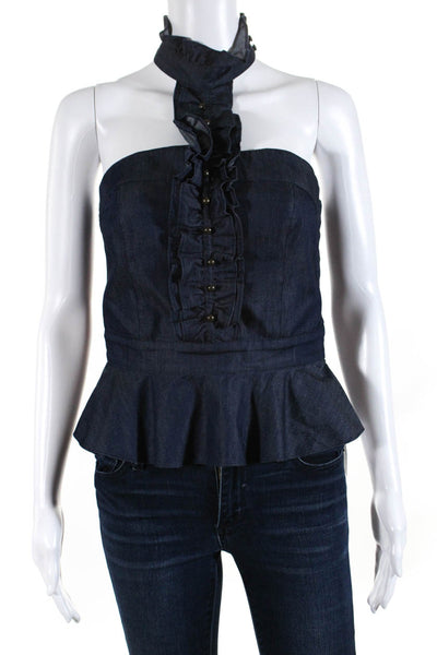 Intermix Womens Cotton Buttoned Ruffled Zipped Sleeveless Halter Top Blue Size S
