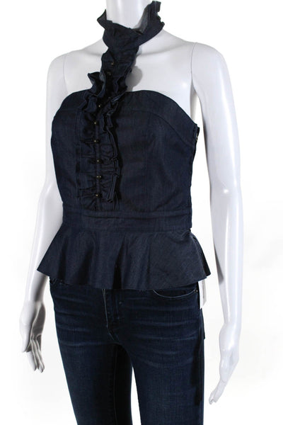 Intermix Womens Cotton Buttoned Ruffled Zipped Sleeveless Halter Top Blue Size S