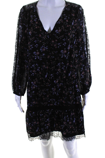 Joie Womens Silk Floral Print Lace Panel V-Neck Button Up Dress Black Size M