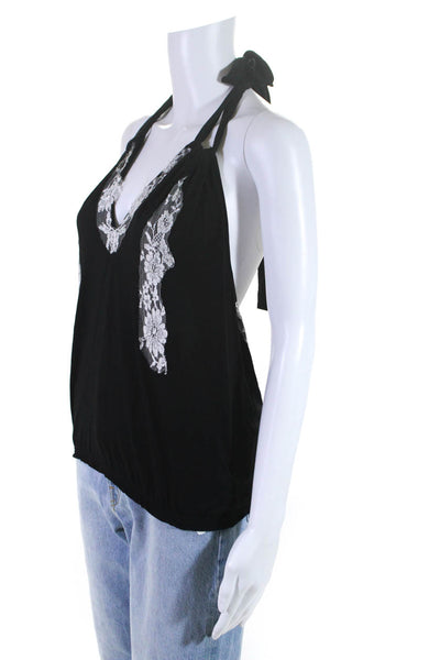 Vanita Rosa Women's Halter Neck Lace Trim Blouse Black Size S