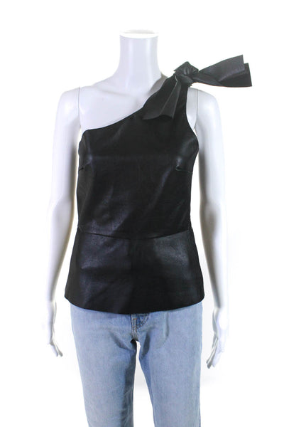 Pinko Women's One Shoulder Peplum Vegan Leather Blouse Black Size 40