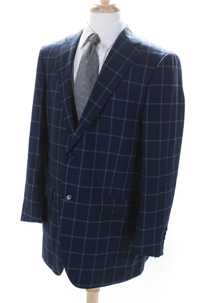 Designer Men's Collar Long Sleeves Line Plaid Jacket Blue Size 40