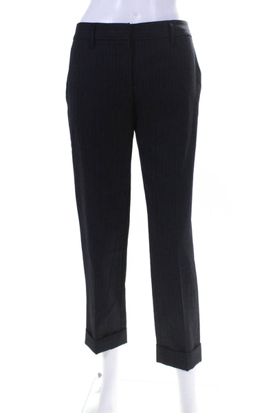Prada Women's Flat Front Cuff Hem Straight Leg Stripe Dress Pant Black Size 42