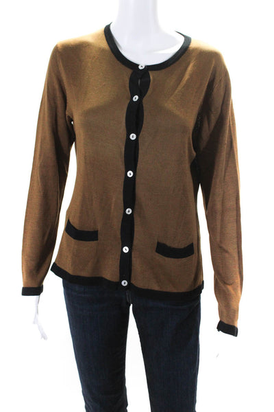 Wasserman Womens Button Front Crew Neck Silk Knit Cardigan Sweater Brown Medium