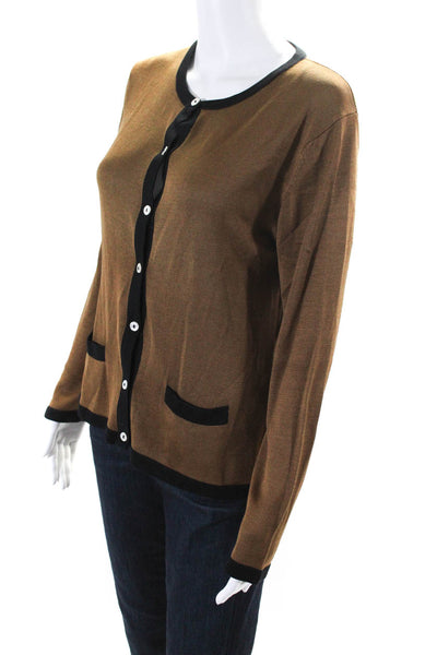 Wasserman Womens Button Front Crew Neck Silk Knit Cardigan Sweater Brown Medium