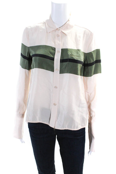 Equipment Femme Womens Button Front Striped Silk Shirt Beige Green Size XS