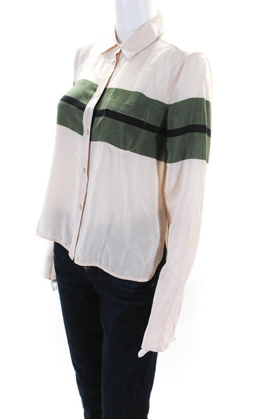 Equipment Femme Womens Button Front Striped Silk Shirt Beige Green Size XS