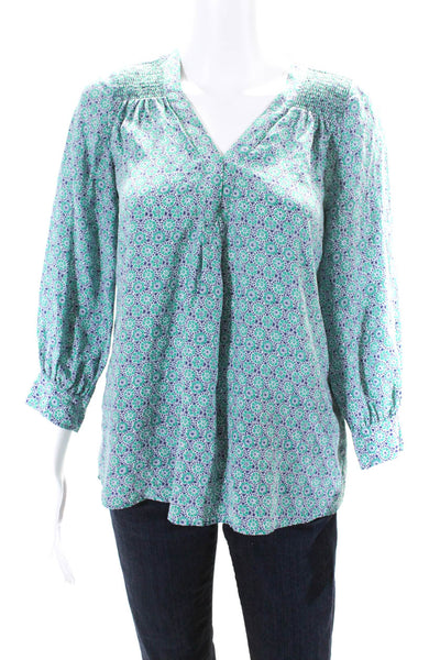 Joie Womens Long Sleeve V Neck Floral Printed Silk Shirt Green White Size XS