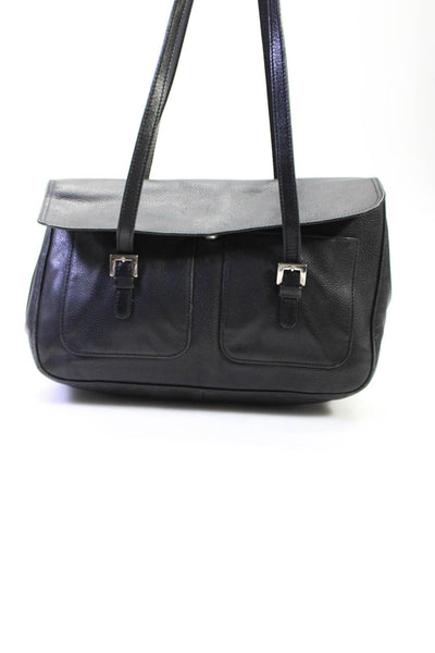 Longchamp Paris Womens Leather Buckle Magnetic Flap Shoulder Bag Black Medium