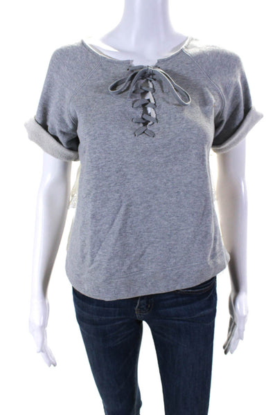 Sea New York Women's Cotton Short Sleeve Eyelet Lace Up Blouse Gray Size S